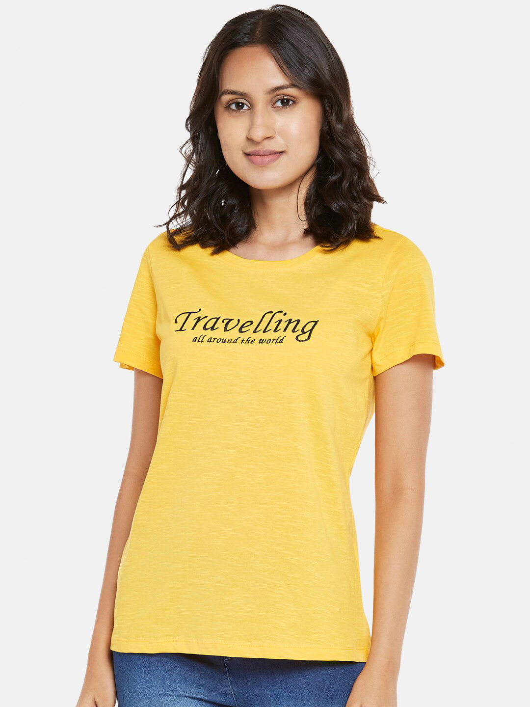 

Honey by Pantaloons Women Gold-Toned Typography Printed T-shirt