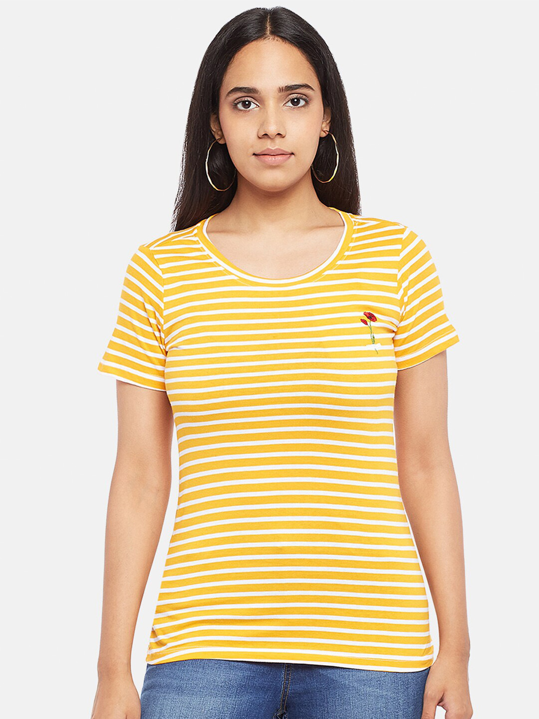 

Honey by Pantaloons Women Mustard Yellow Striped T-shirt