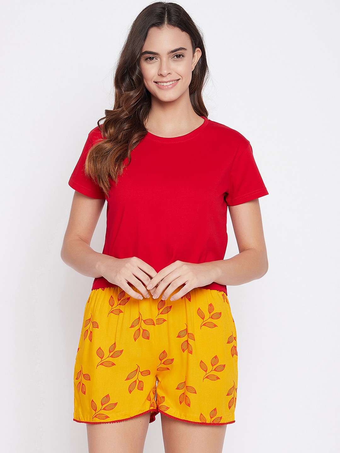 

Clovia Cotton T-shirt With Printed Shorts Night Suit, Red