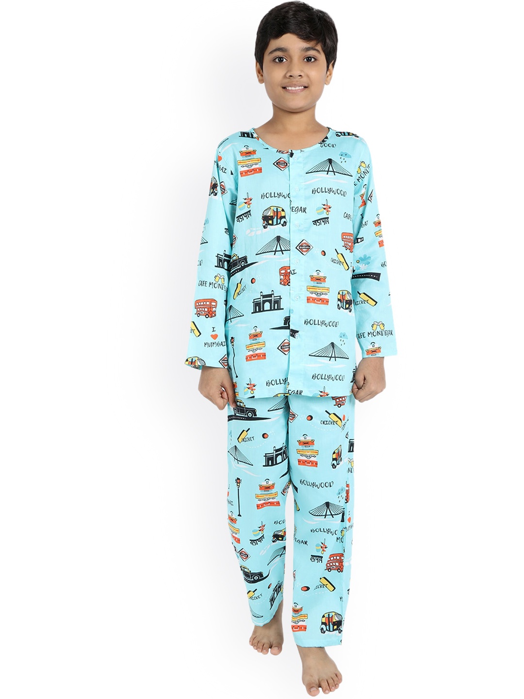 

Nigh Nigh Boys Turquoise Blue Printed Pure Cotton Sustainable Night Suit