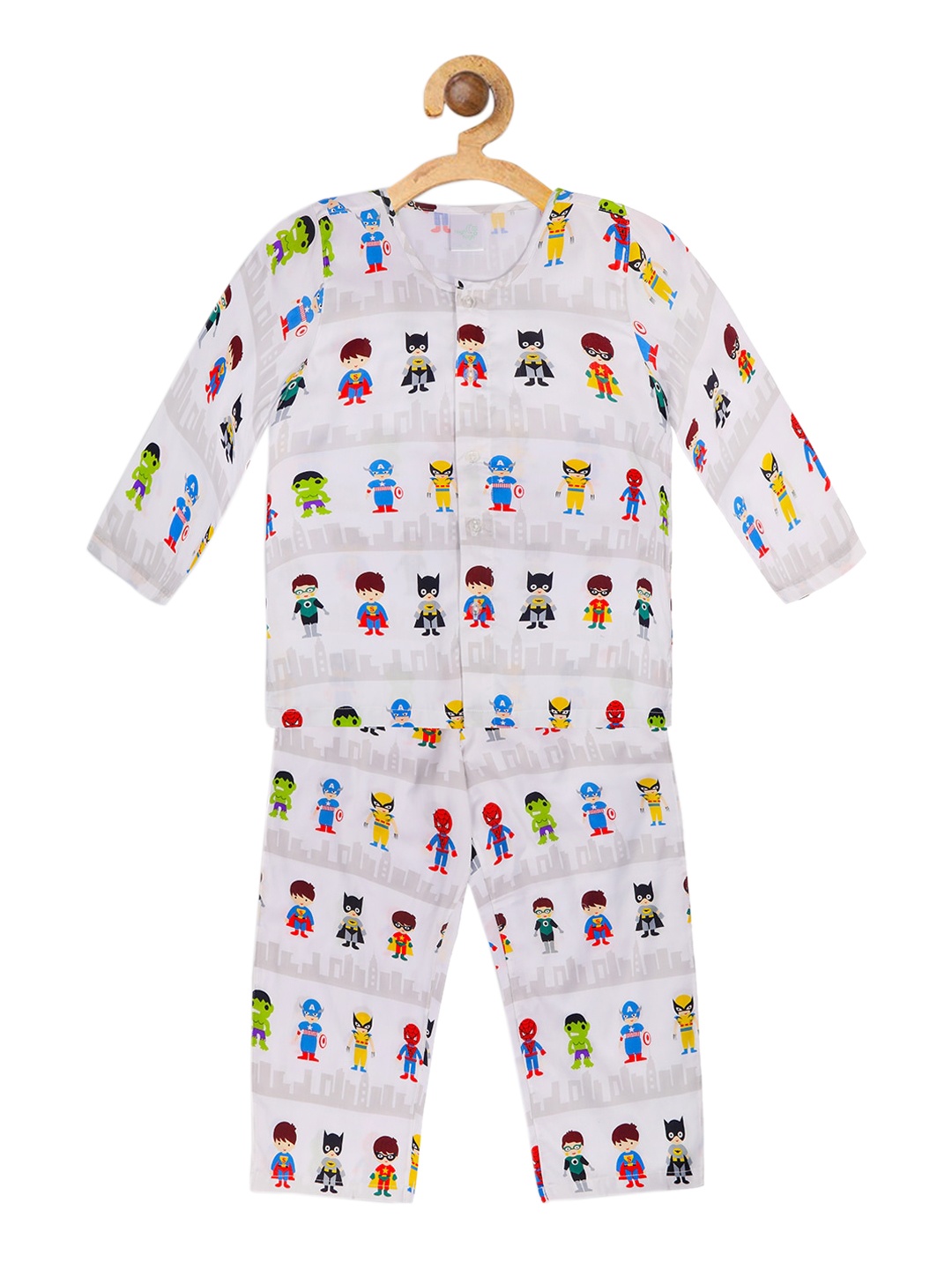 

Nigh Nigh Boys White Superhero Printed Pure Cotton Sustainable Night Suit