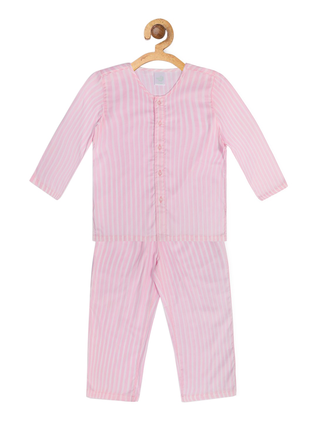 

Nigh Nigh Girls Pink & White Striped Pure Cotton Sustainable Night Suit
