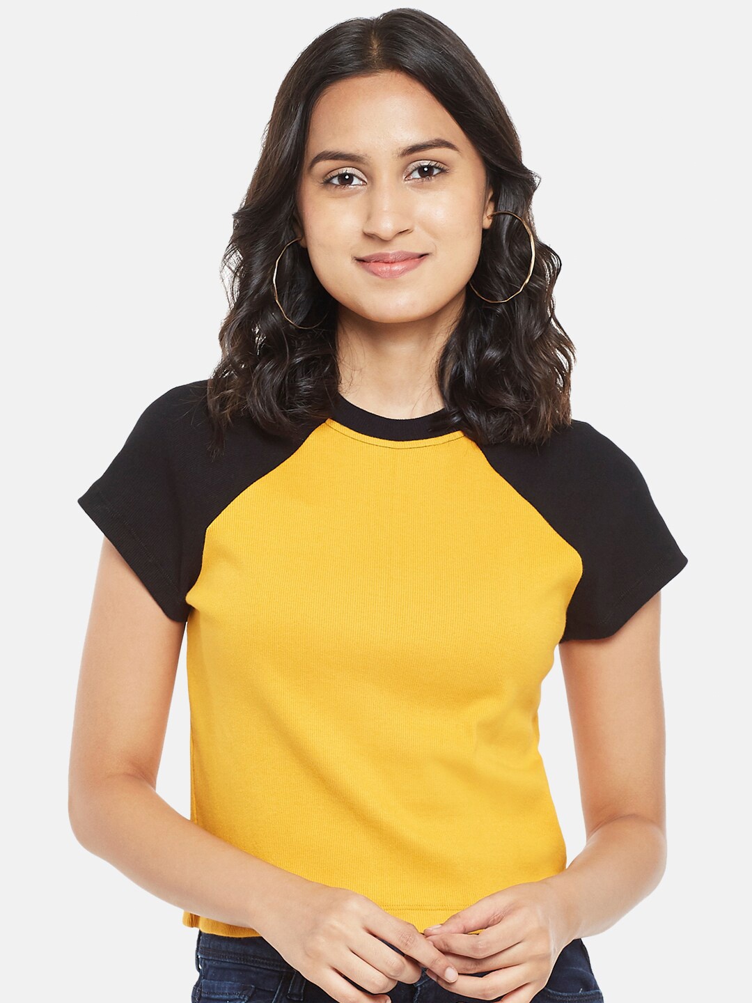 

People Mustard Yellow Colourblocked Regular Top