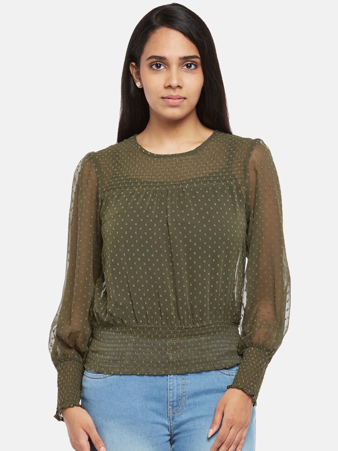 

People Women Olive Green Bishop Sleeves Blouson Top