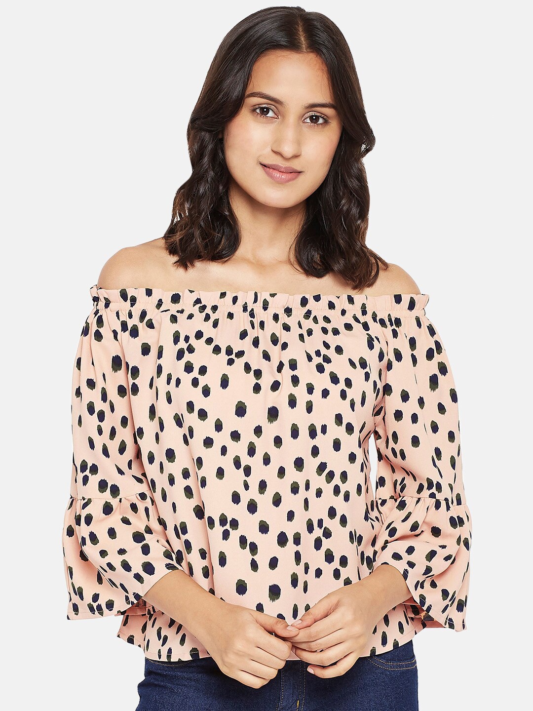 

People Women Pink and Black Abstract Printed Off-Shoulder Bell Sleeves Bardot Top