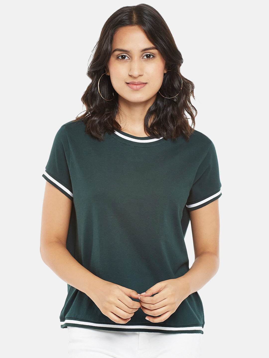 

People Women Green & White Solid Regular Top
