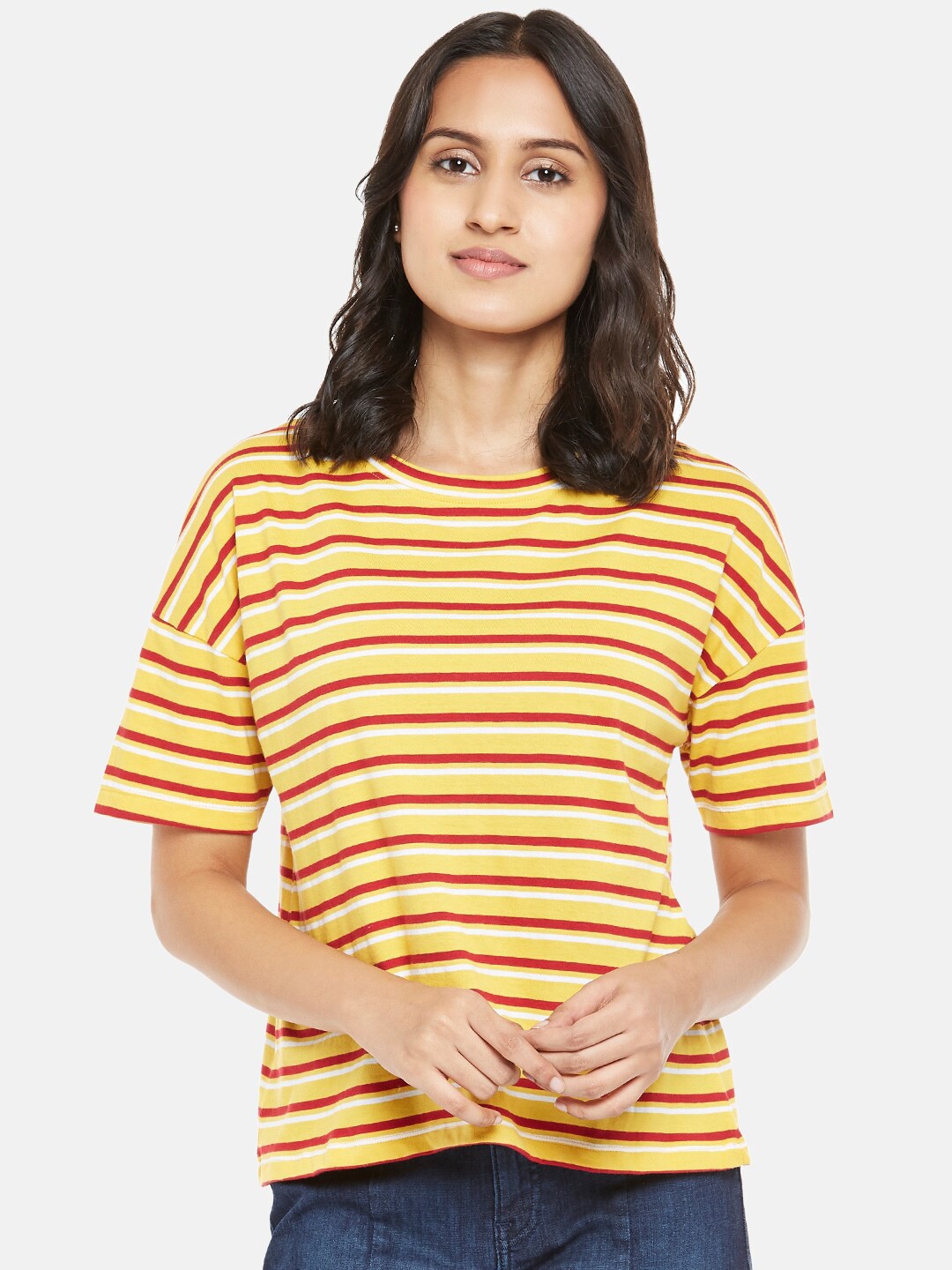 

People Mustard Yellow & Red Striped Extended Sleeves Regular Top