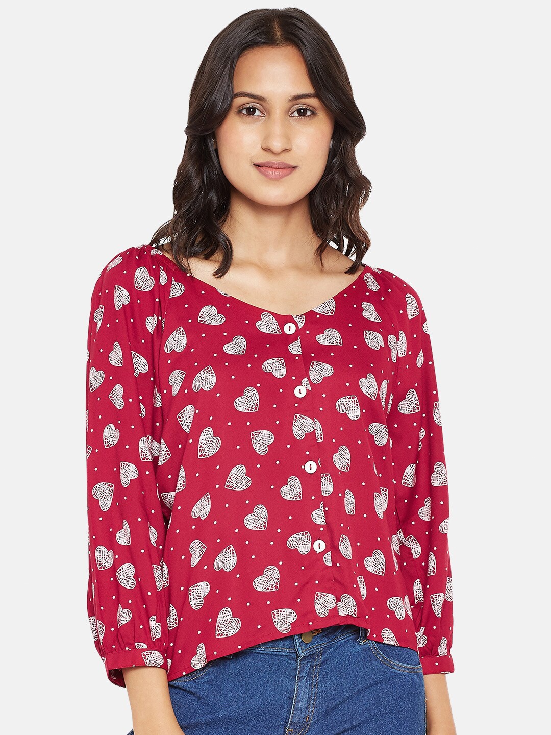 

People Women Red & Grey Conversational Printed Regular Top