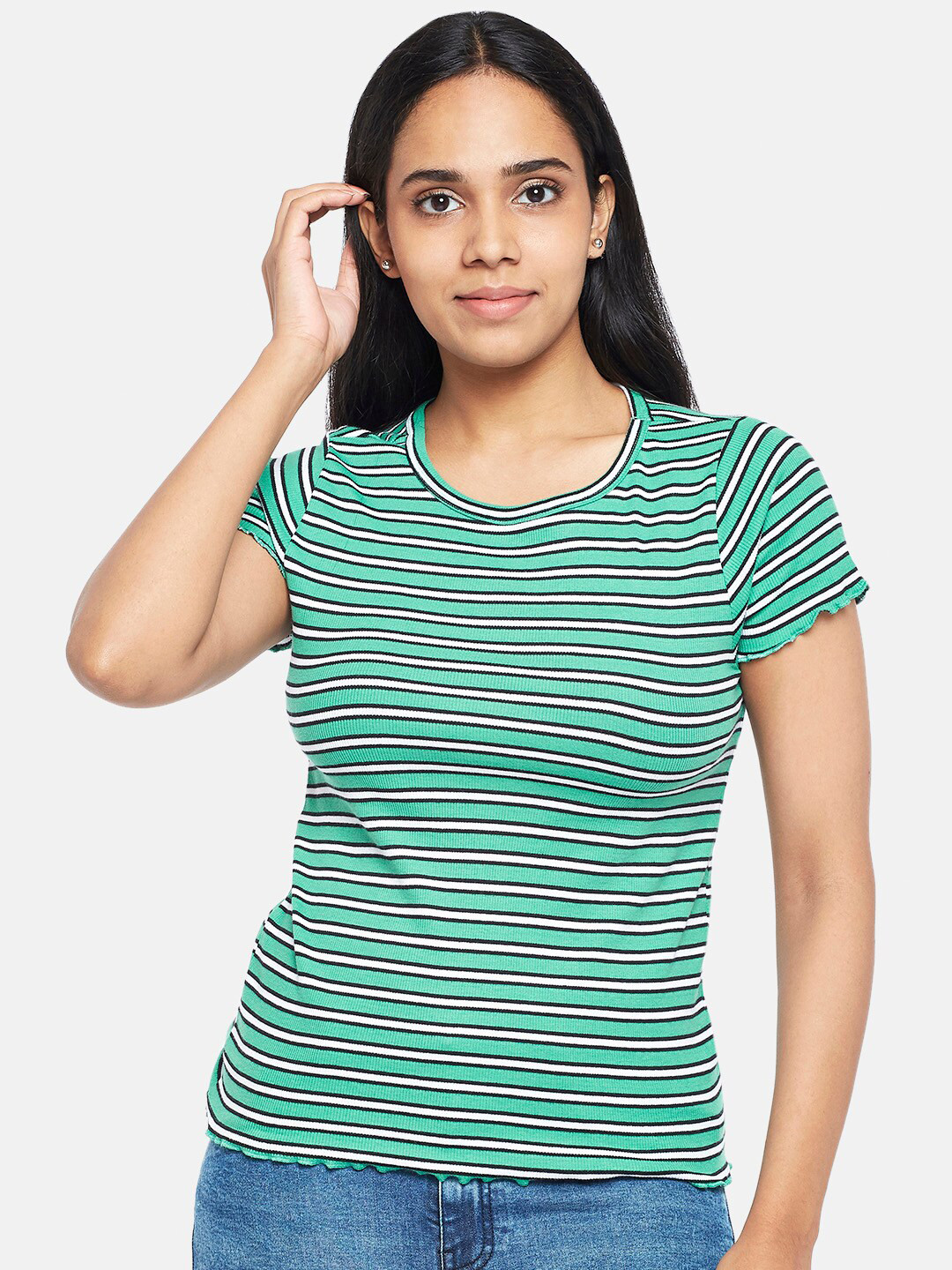 

People Women Green and White Pure Cotton Striped Regular Top