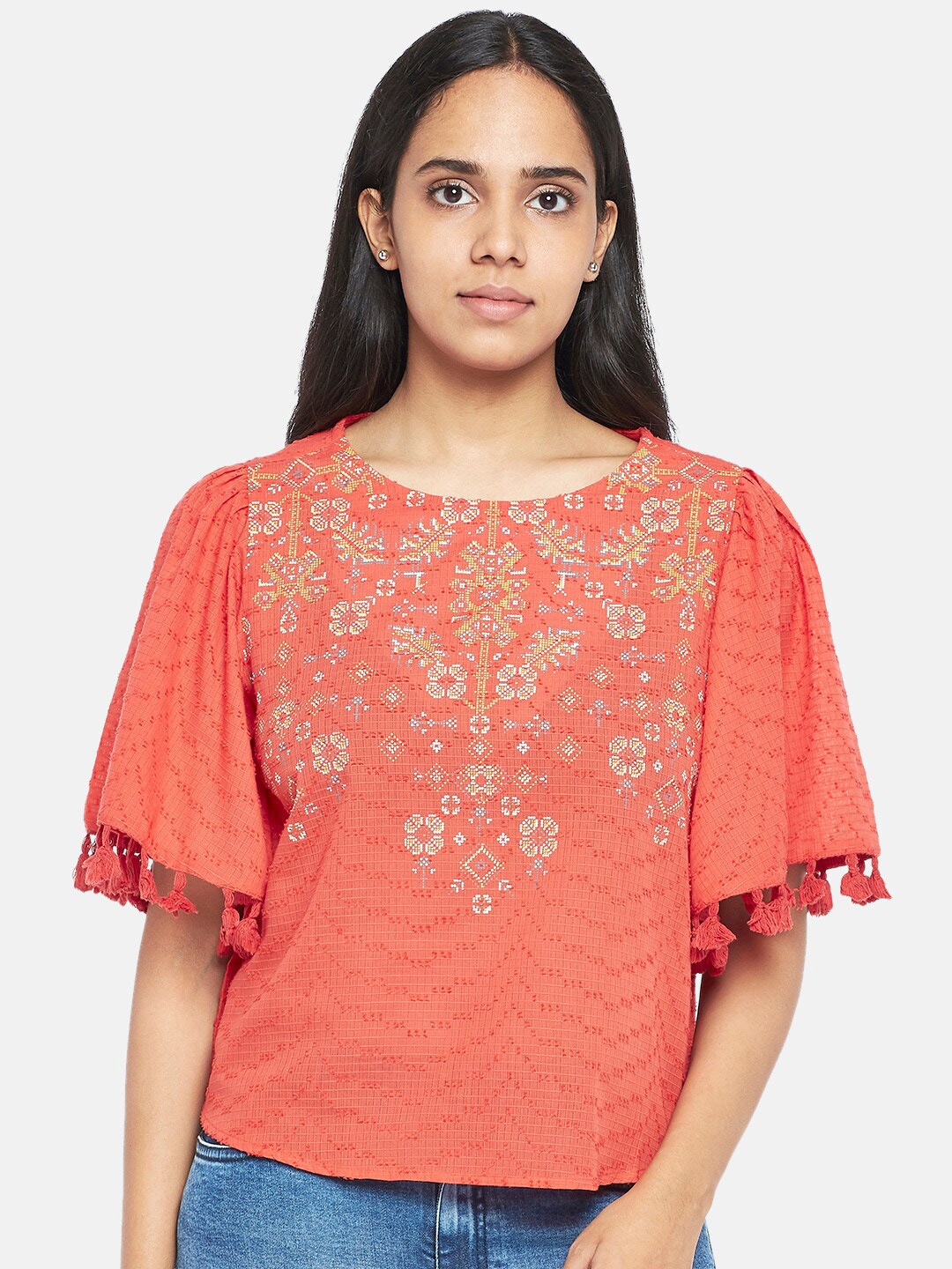 

People Coral Floral Flared Sleeve Regular Top