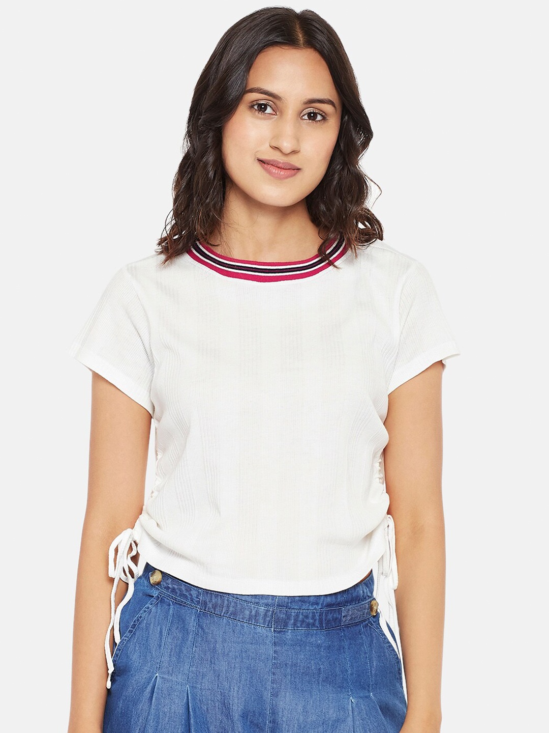 

People Women Off White and Red Knitted Regular Top