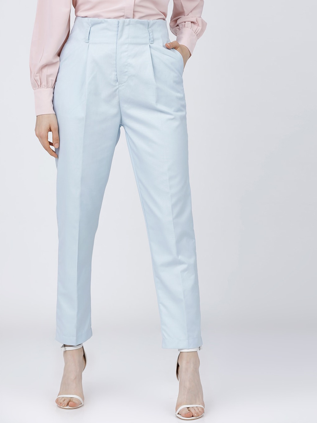 

CHIC BY TOKYO TALKIES Women Blue Tapered Fit High-Rise Pleated Cigerette Trousers