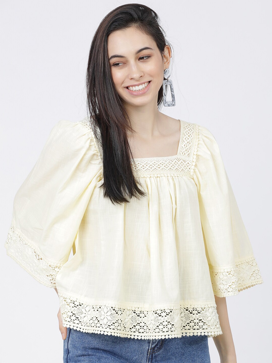 

Tokyo Talkies Women Yellow Flared Sleeve Lace Boxy Top