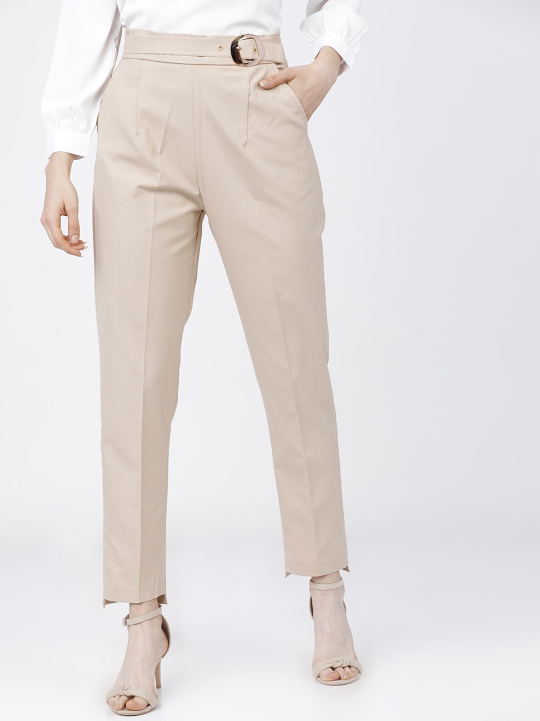 

Tokyo Talkies Women Beige Slim Fit High-Rise Pleated Peg Trousers