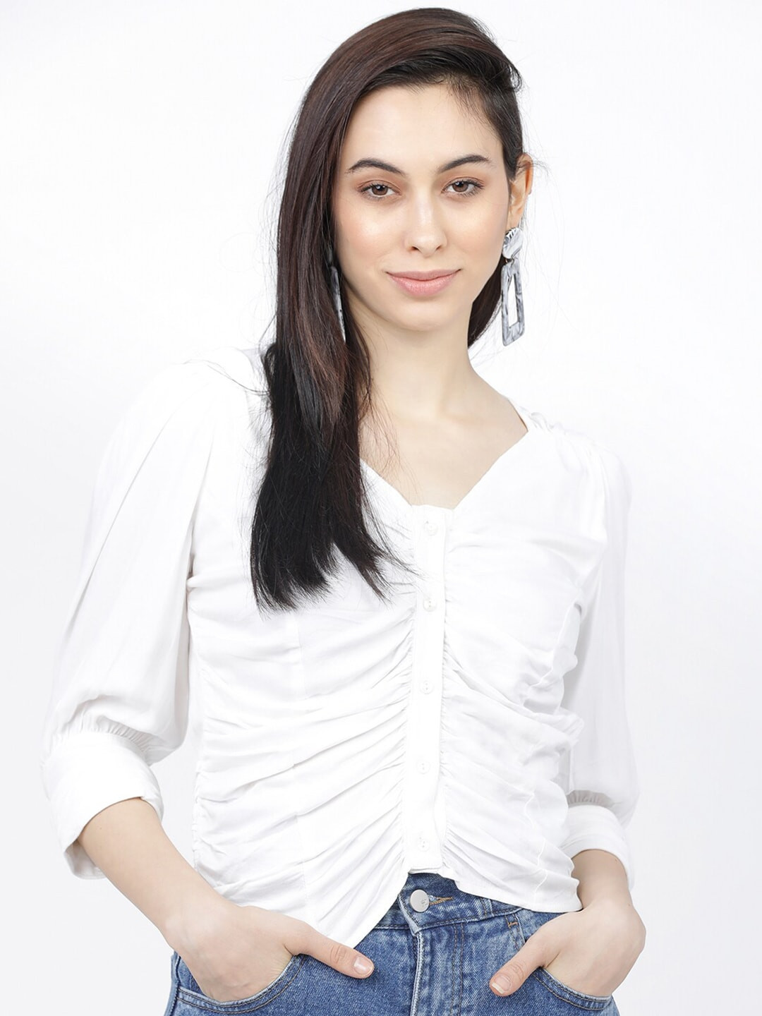 

Tokyo Talkies Women White V-Neck Ruched Shirt Style Top