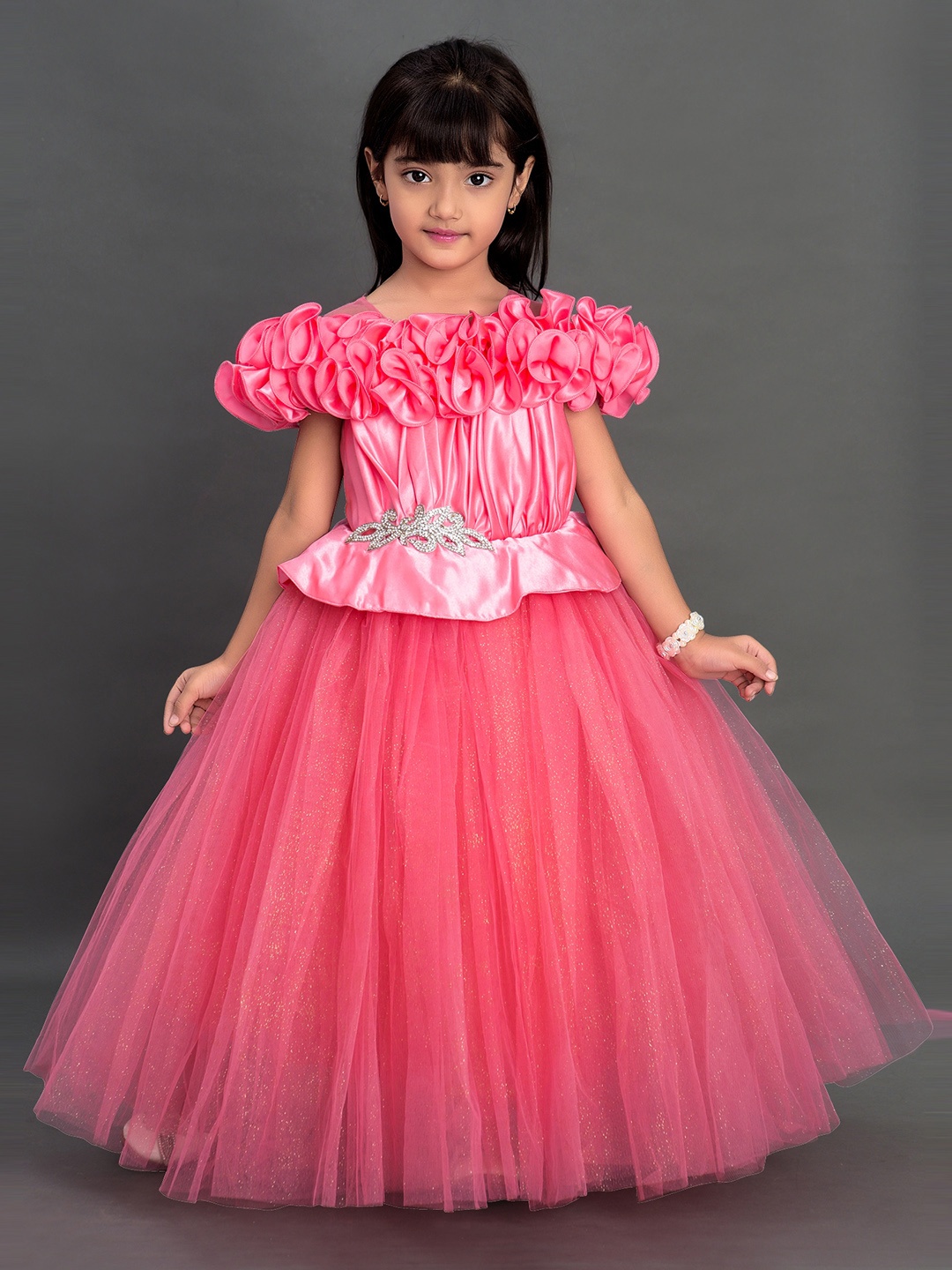 

Pink Chick Girls Coral Satin Peplum Maxi Dress