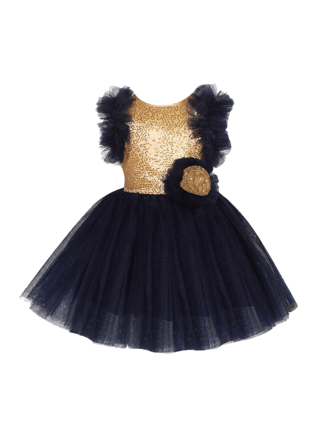 

Pink Chick Girls Gold-Toned & Navy Blue Embroidered Sequined Net Dress