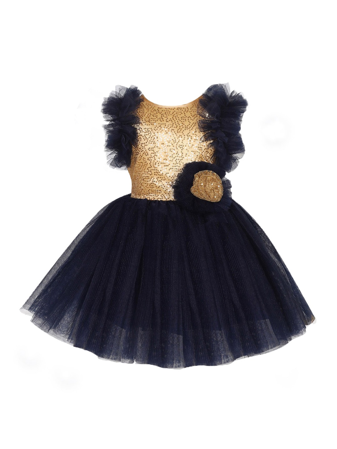 

Pink Chick Girls Gold-Toned & Navy Blue Embroidered Sequined Net Dress