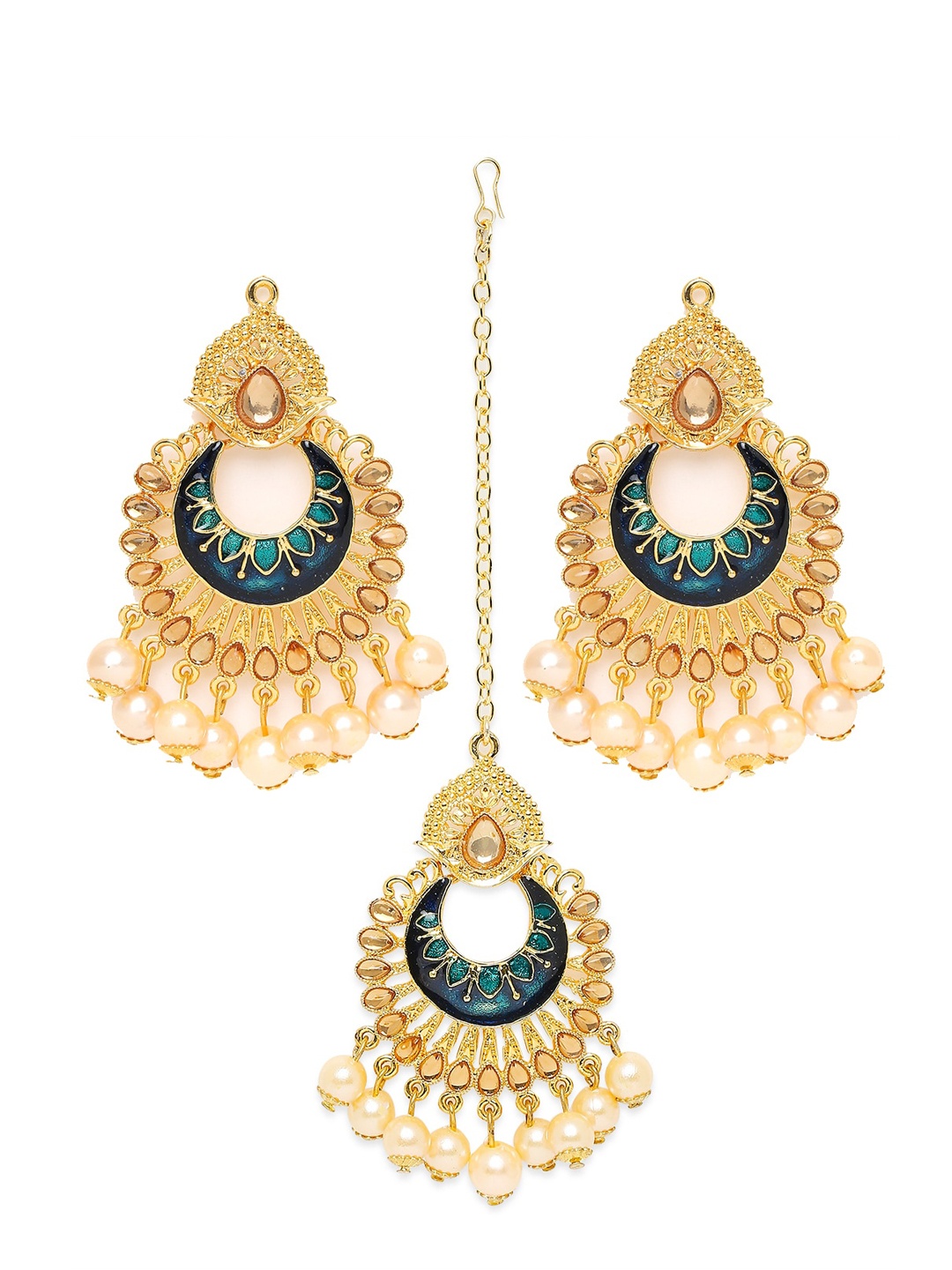 

Mahi Blue & White Gold Plated Traditional Dangler Pearl & Meenakari Maang Tikka Set