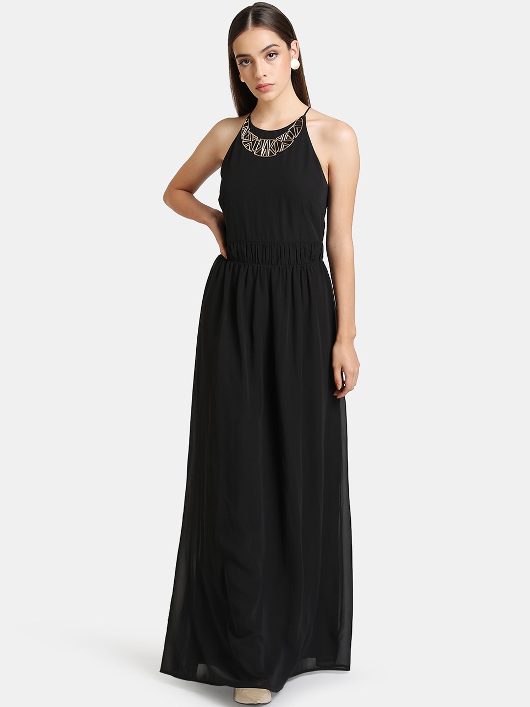 

Kazo Women Black Halter Neck Embellished Maxi Dress