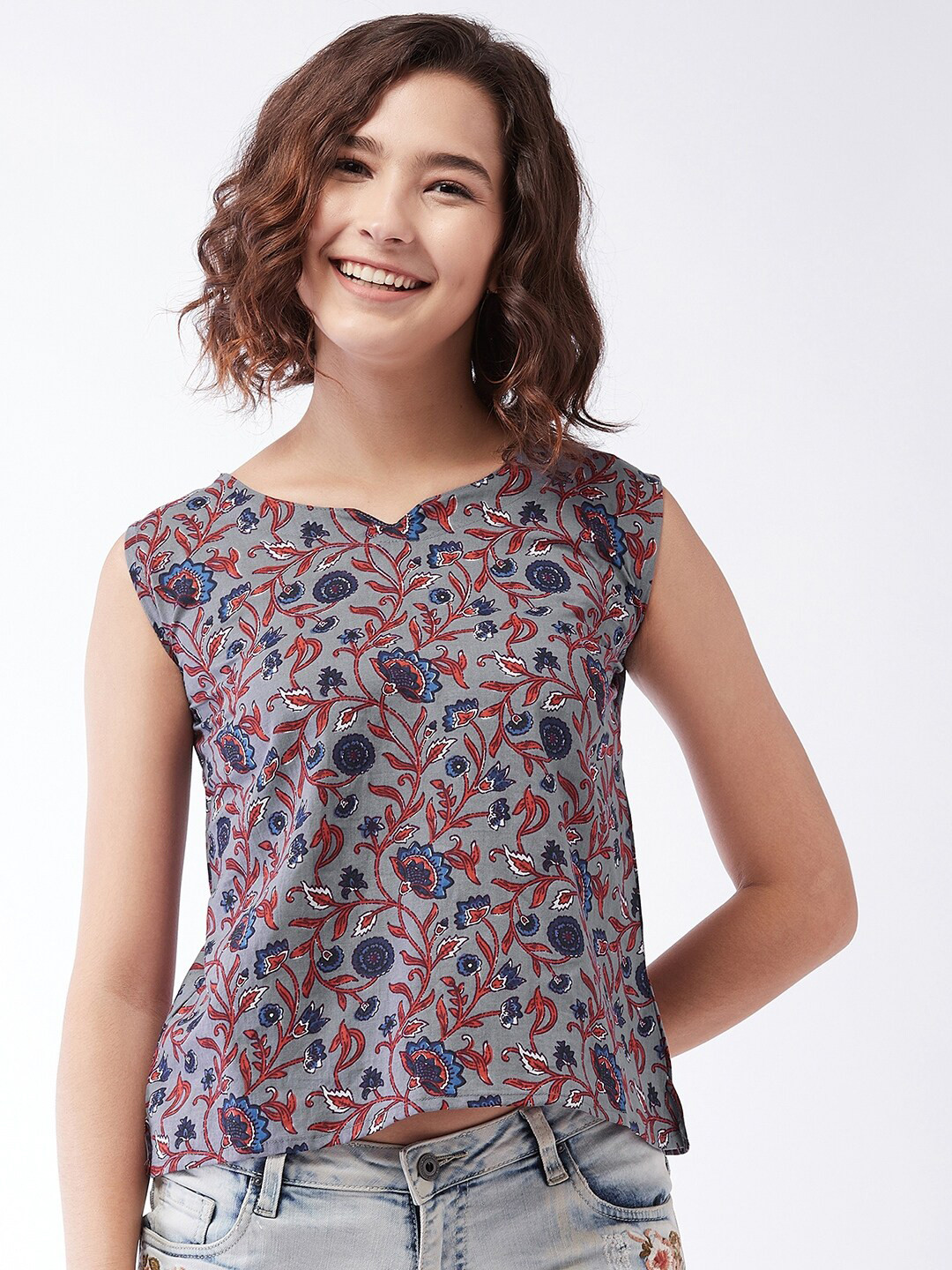 

InWeave Grey Kalamkari Print Regular Top