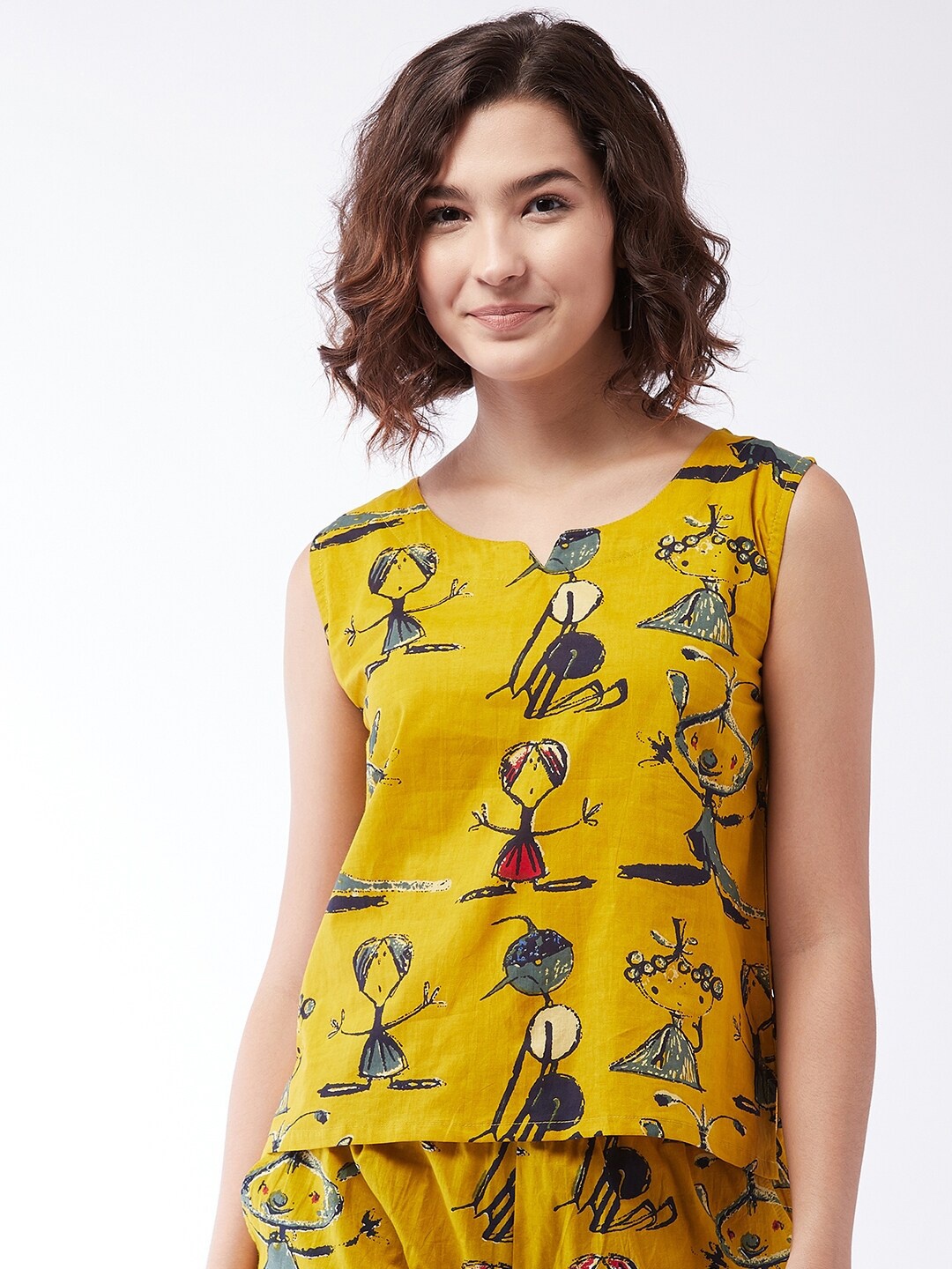 

InWeave Mustard Yellow Floral Tie-Up Neck Regular Top