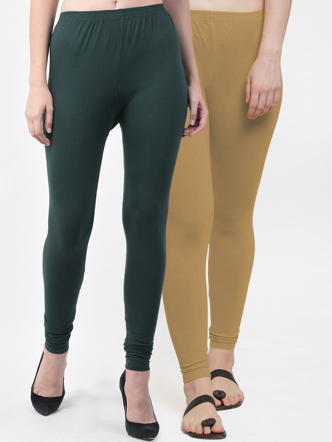 

GRACIT Women Pack Of 2 Green & Beige Cotton Lycra Ankle Length Legging