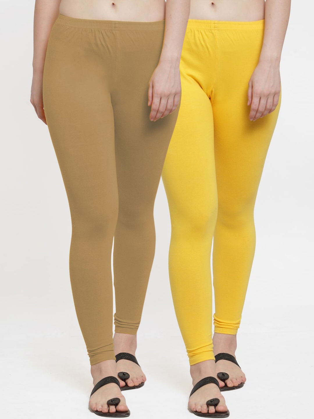 

GracIt Women Yellow & Skin Dark Cotton Lycra Ankle Length Leggings- Pack of 2