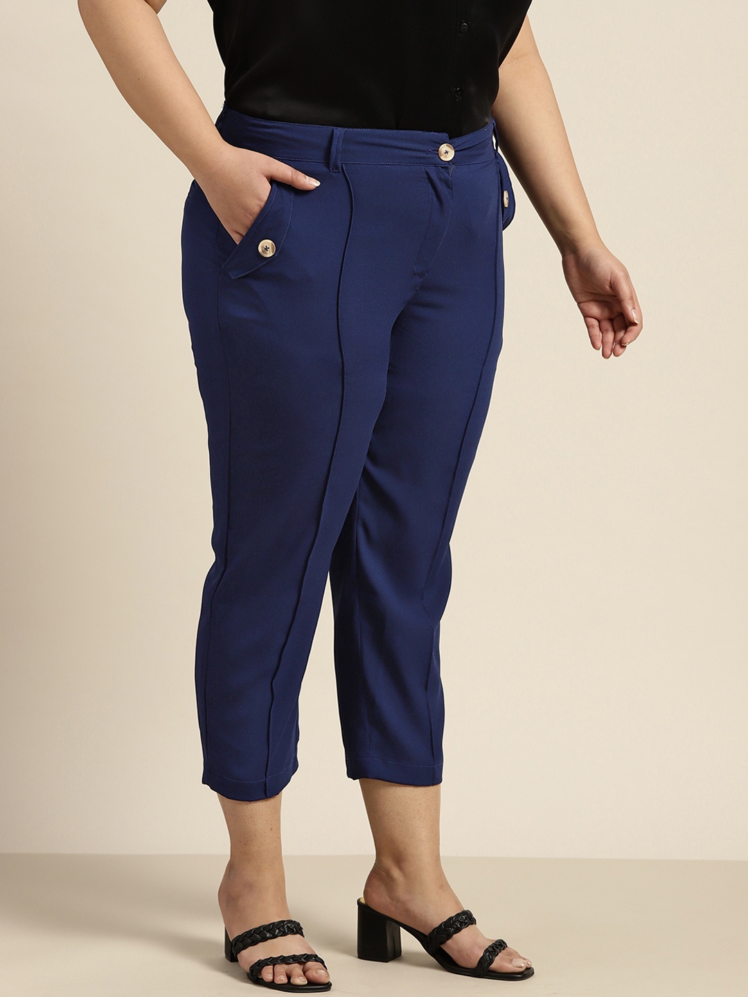 

Sztori Women Plus Size Navy Blue Solid Cropped Trousers