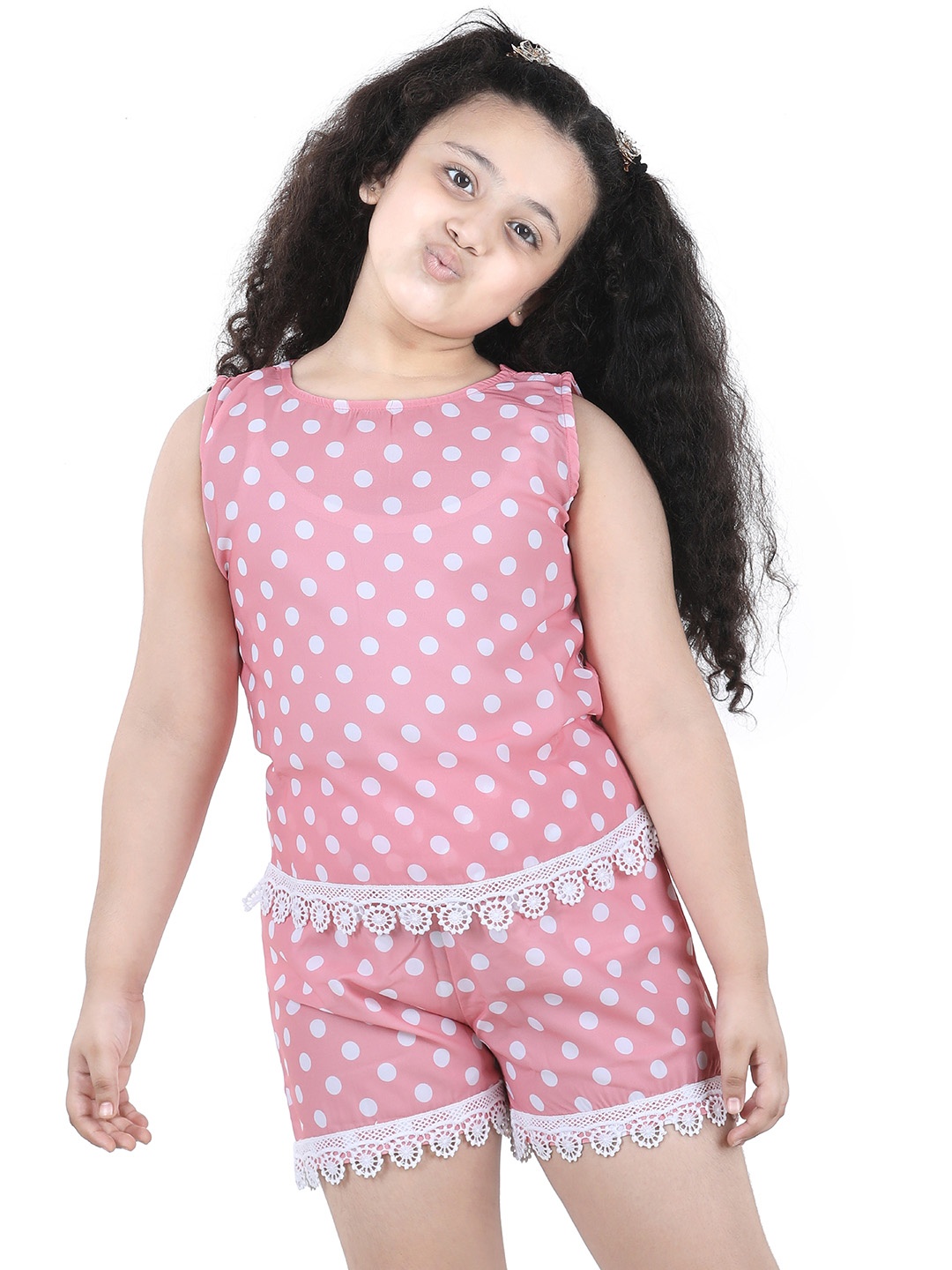 

ADIVA Girls Peach-Coloured & White Polka Dots Printed Top With Shorts