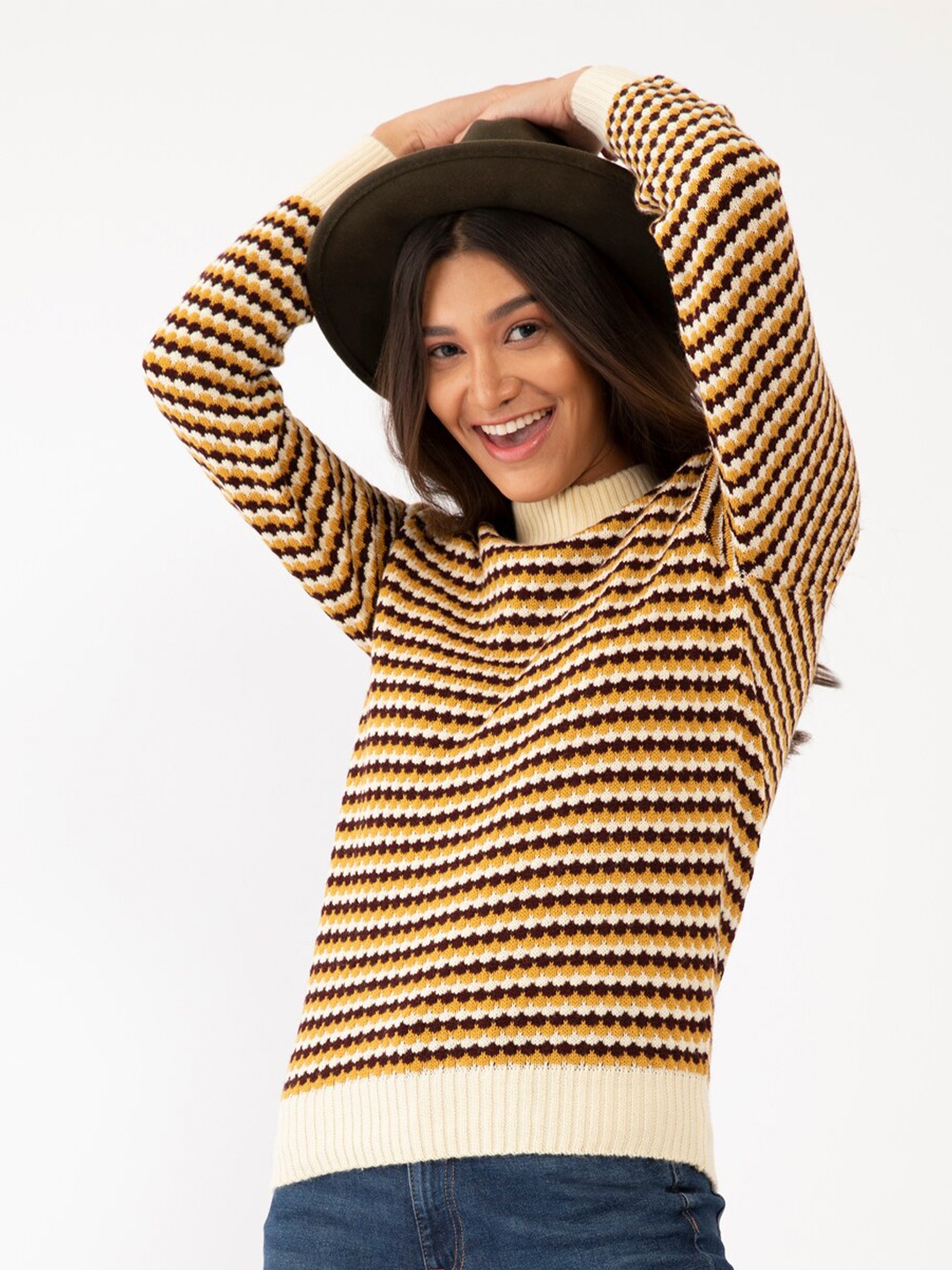 

Zink London Women Off White & Brown Striped Sweater Vest