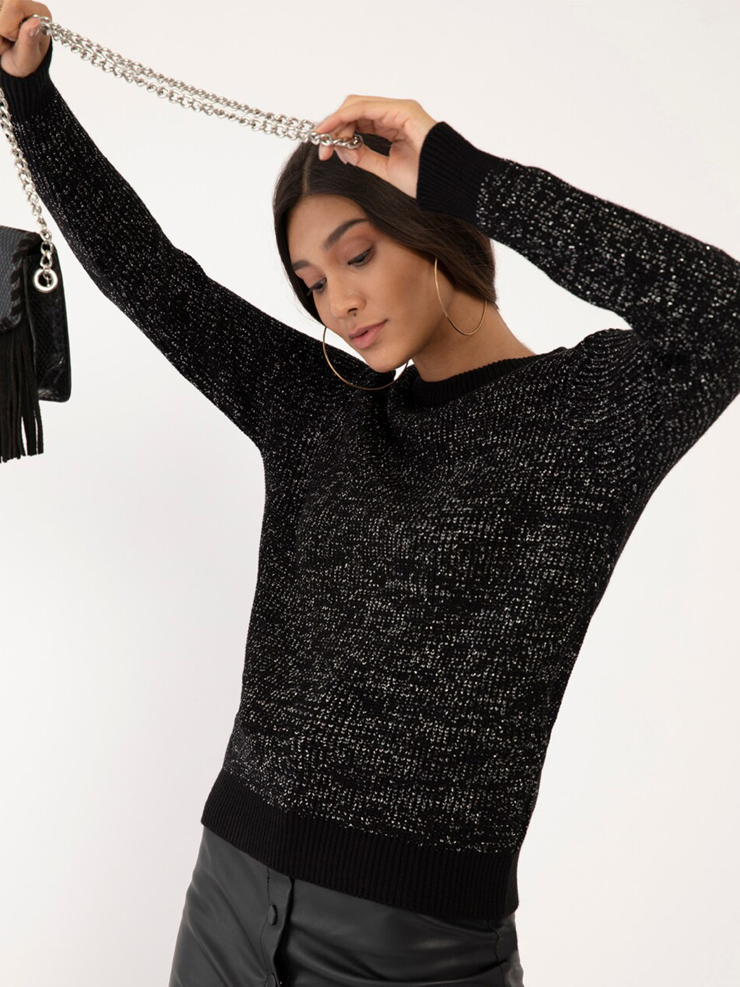

Zink London Women Black Self Design Pullover Sweater