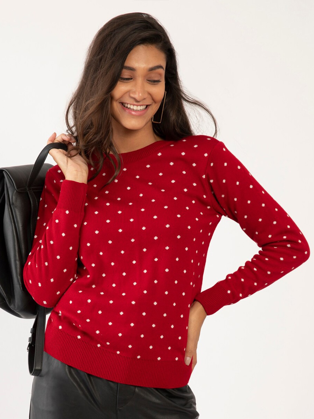 

Zink London Women Red & White Polka Dot Printed Sweater