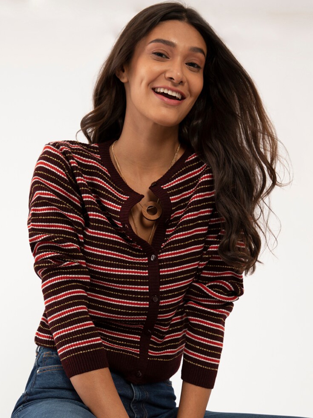 

Zink London Women Maroon & Red Striped Cardigan Sweater
