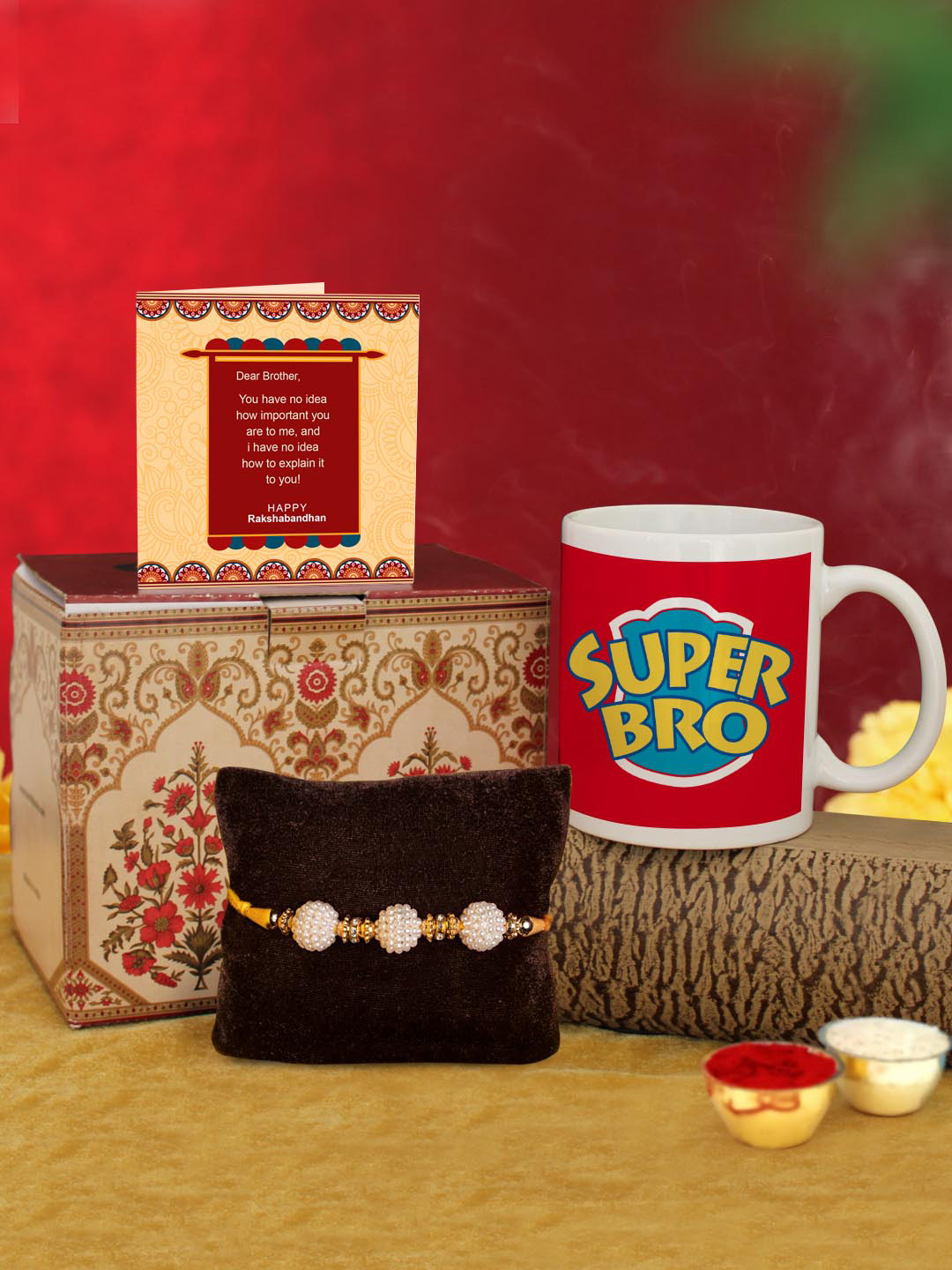 

TIED RIBBONS White & Red Rakhi with Coffee Mug & Greeting Card Combo Gift Set