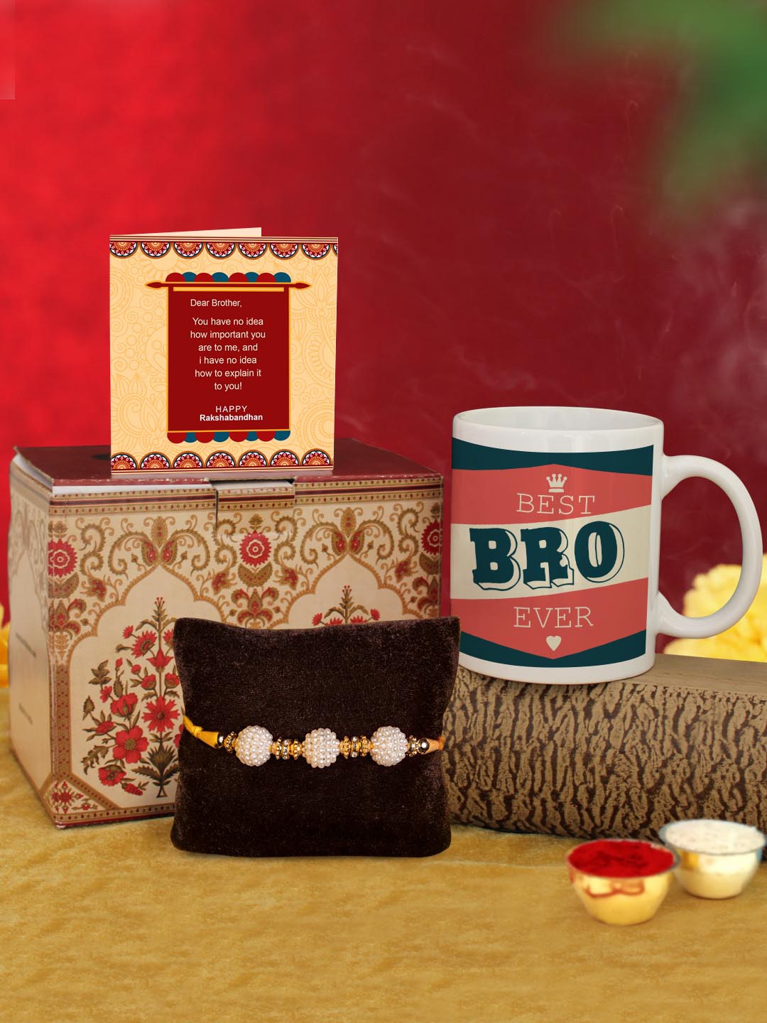 

TIED RIBBONS White & Red Rakhi with Coffee Mug & Greeting Card Combo Gift Set