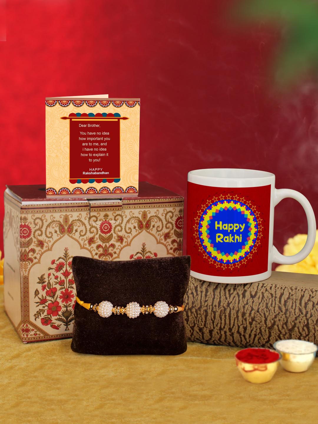 

TIED RIBBONS White & Yellow Rakhi with Coffee Mug & Greeting Card Combo Gift Set