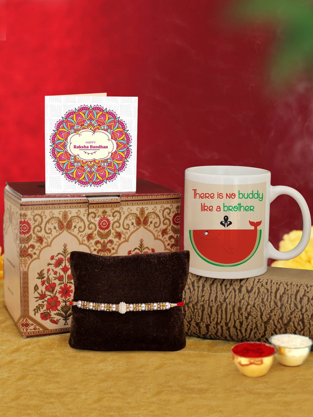 

TIED RIBBONS White & Golden Rakhi with Coffee Mug & Greeting Card Combo Gift Set