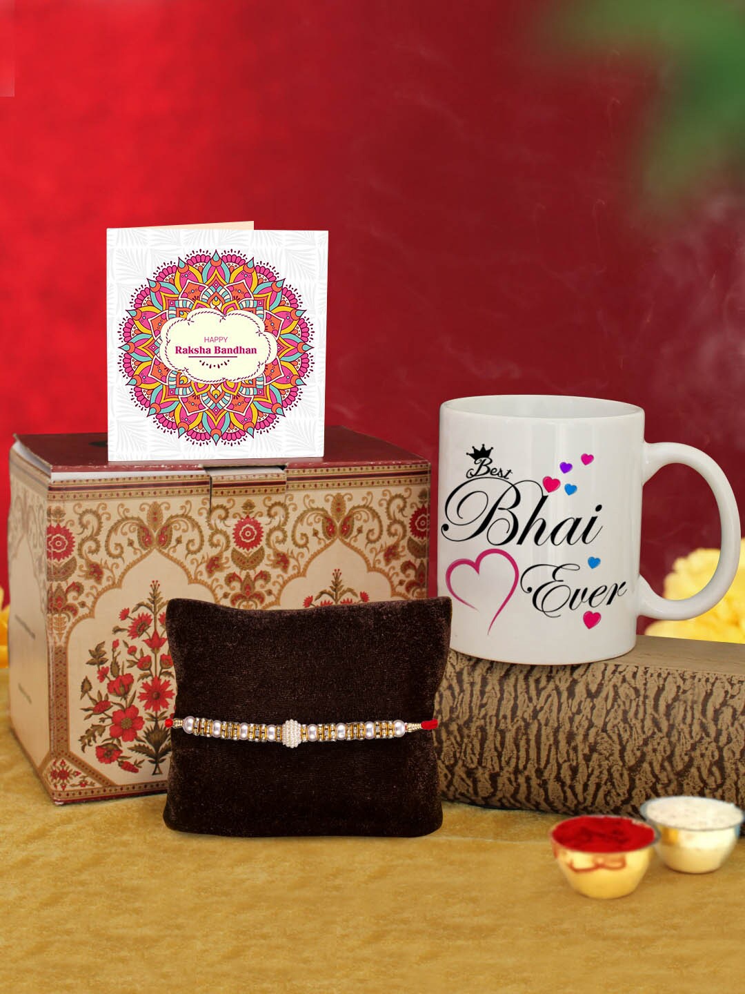 

TIED RIBBONS White & Golden Rakhi with Coffee Mug & Greeting Card Combo Gift Set