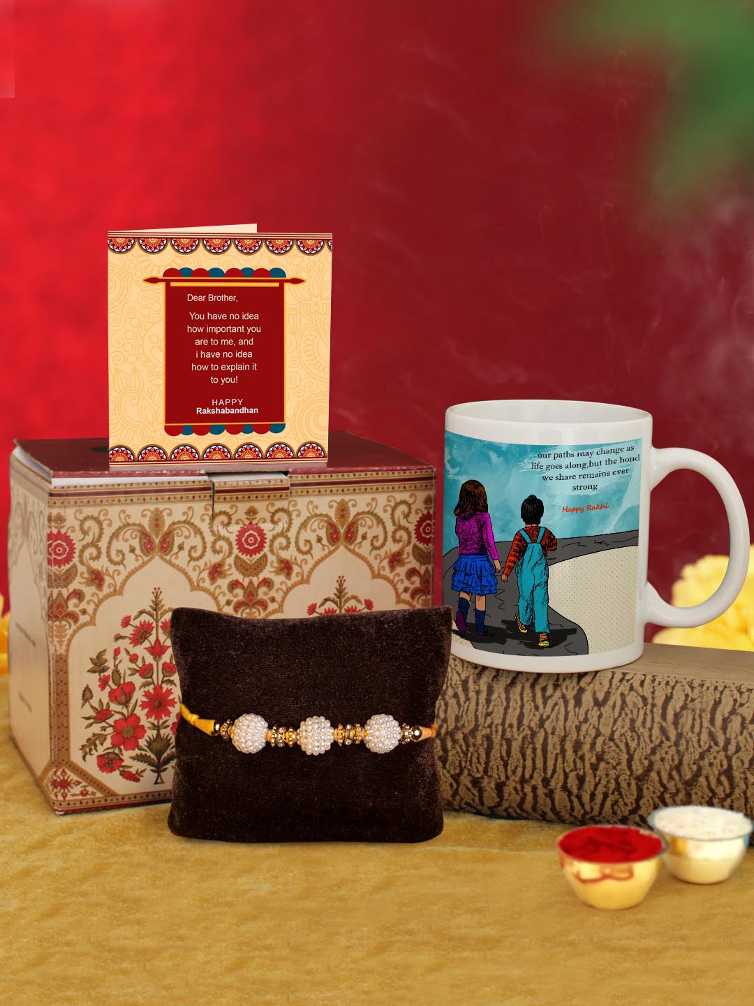 

TIED RIBBONS White & Golden Rakhi with Coffee Mug & Greeting Card Combo Gift Set