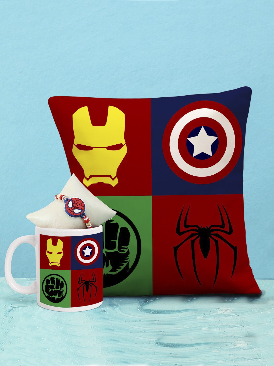 

TIED RIBBONS Red & Blue Spiderman Rakhi for Kids Gift Pack with Printed Cushion & Mug