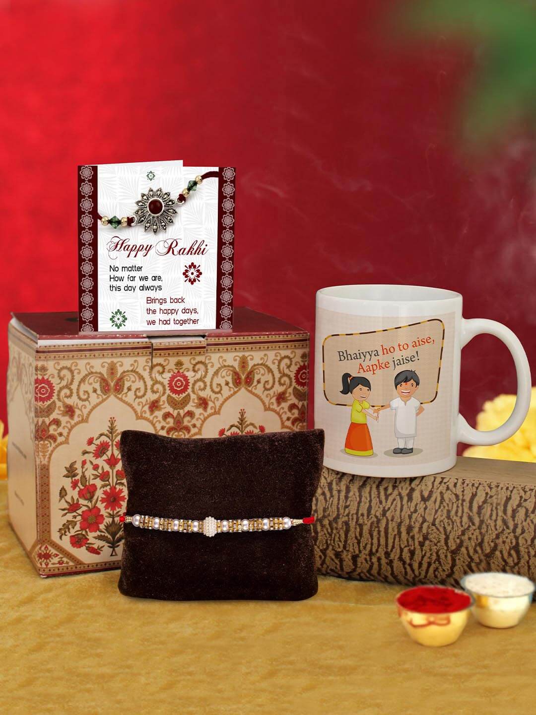 

TIED RIBBONS White & Golden Rakhi with Coffee Mug & Greeting Card Combo Gift Set