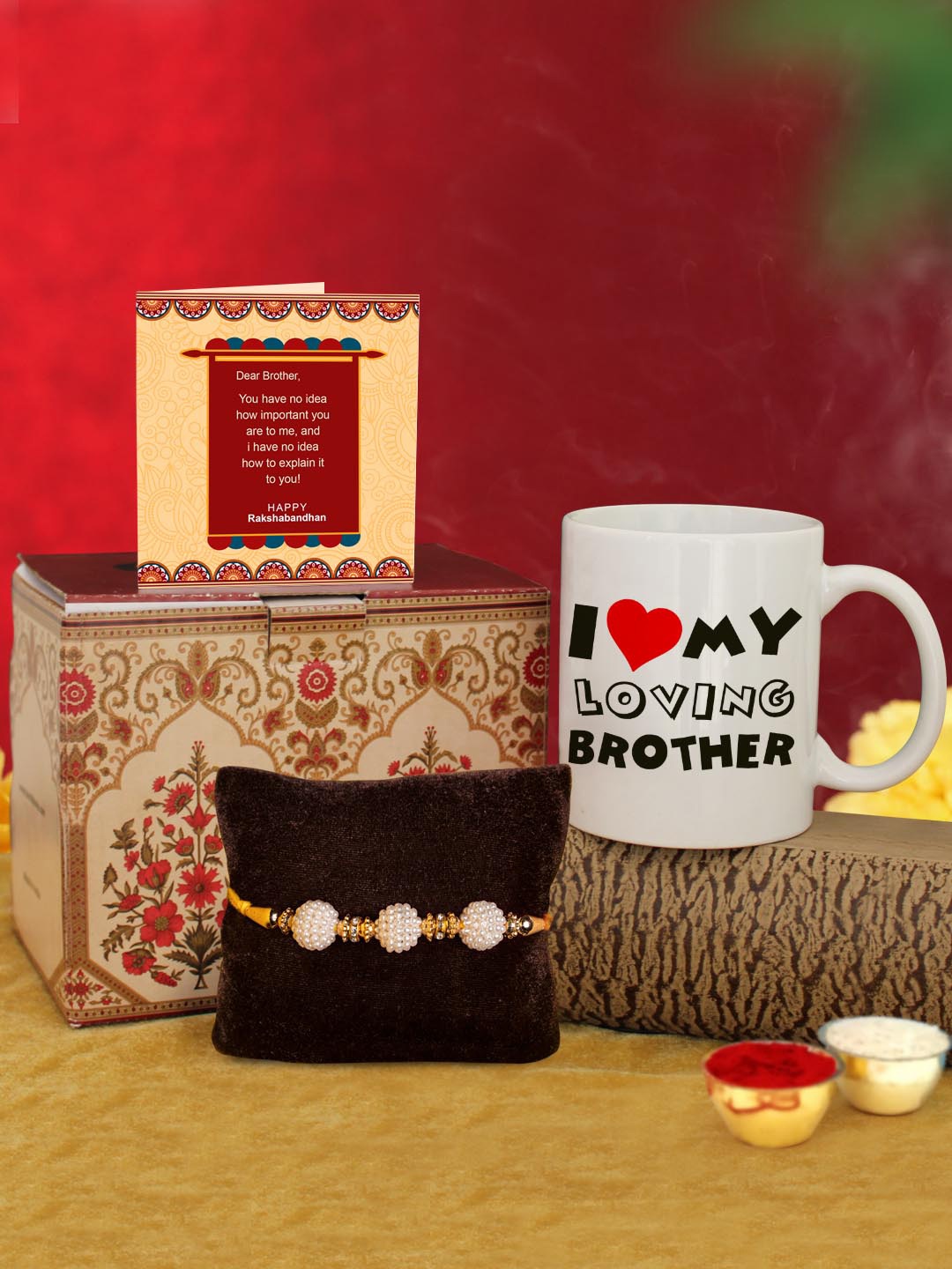 

TIED RIBBONS White & Golden Rakhi with Coffee Mug & Greeting Card Combo Gift Set