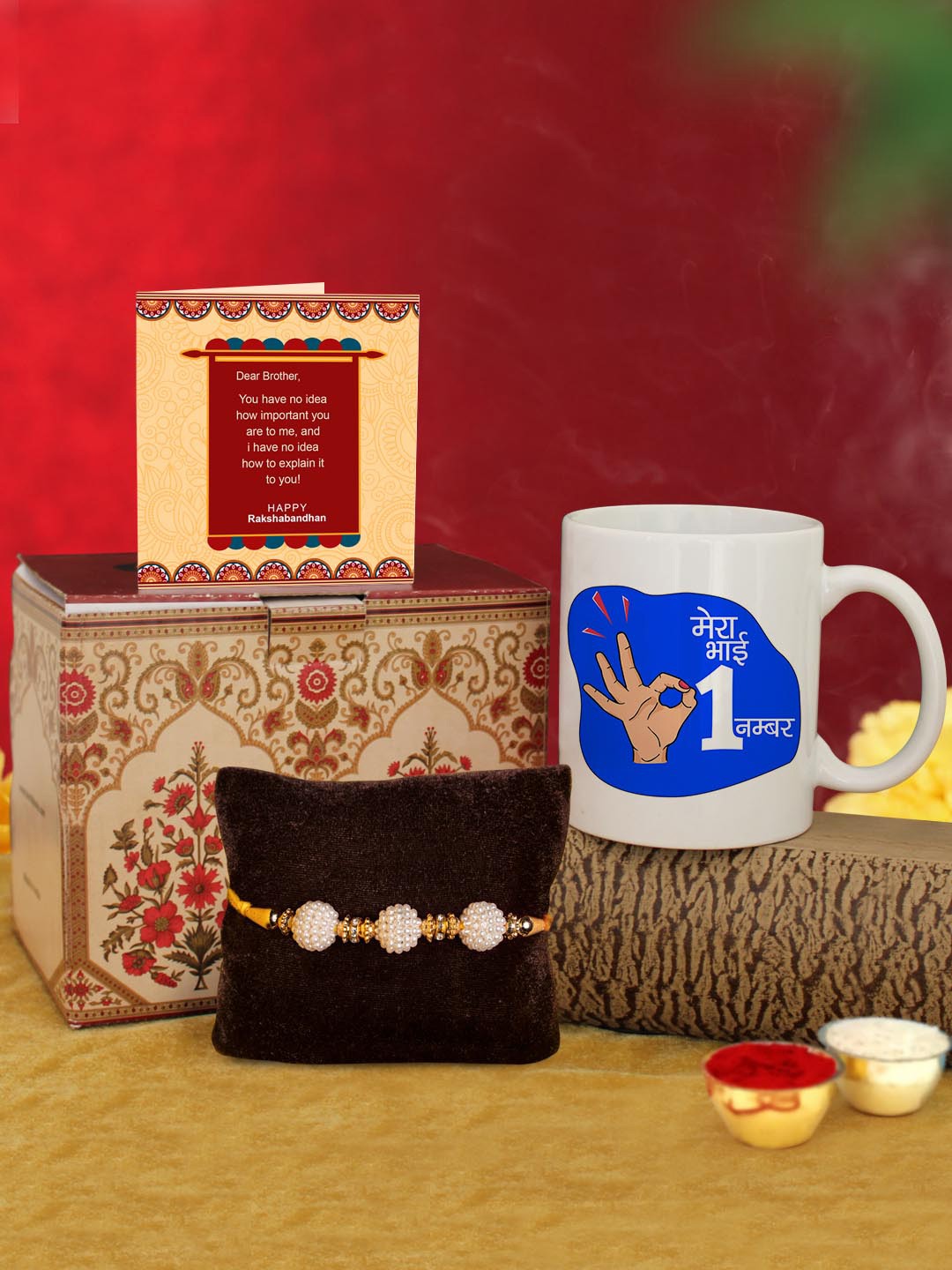

TIED RIBBONS White & Golden Rakhi with Coffee Mug & Greeting Card Combo Gift Set