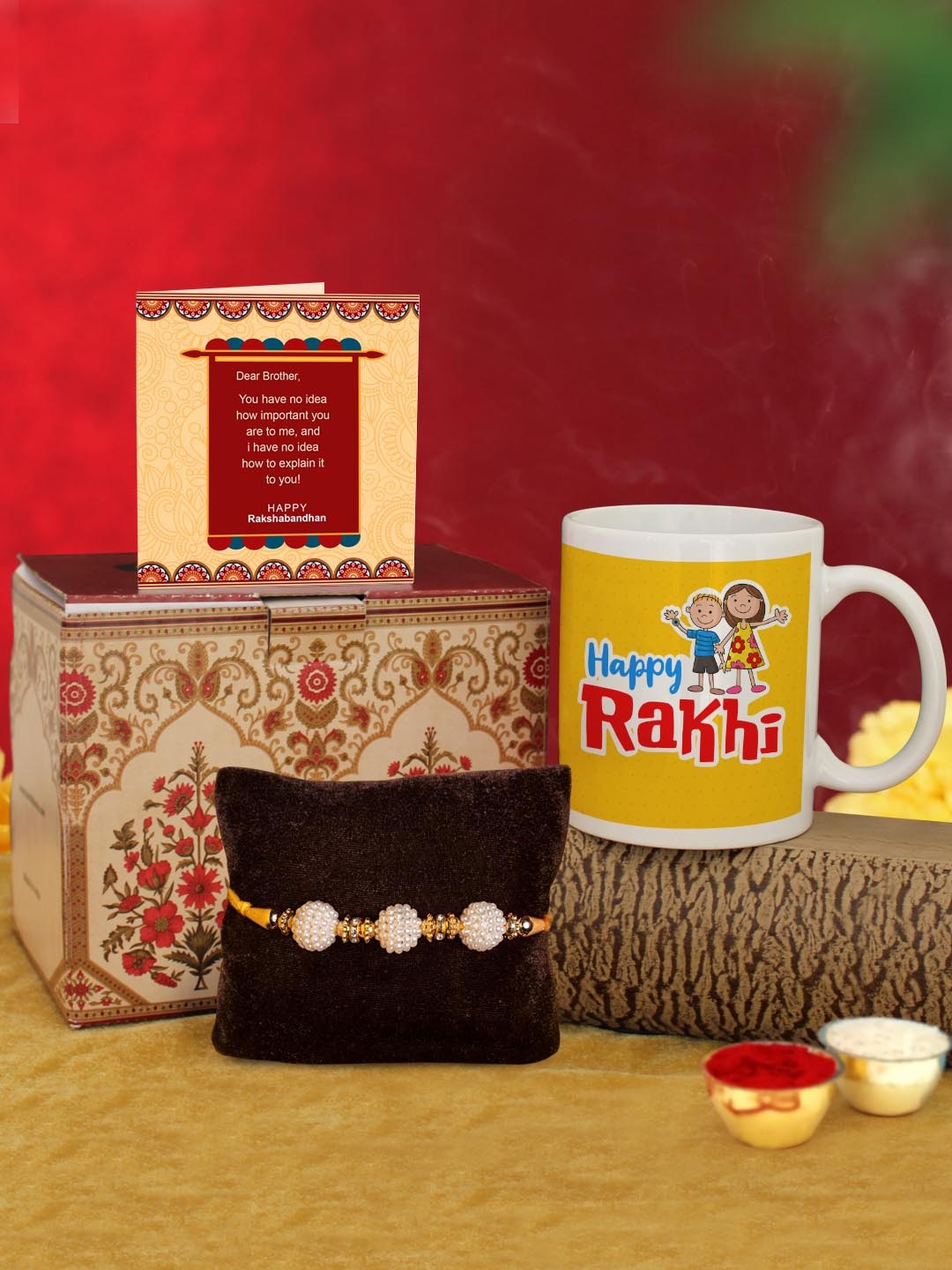 

TIED RIBBONS White & Golden Rakhi with Coffee Mug & Greeting Card Combo Gift Set