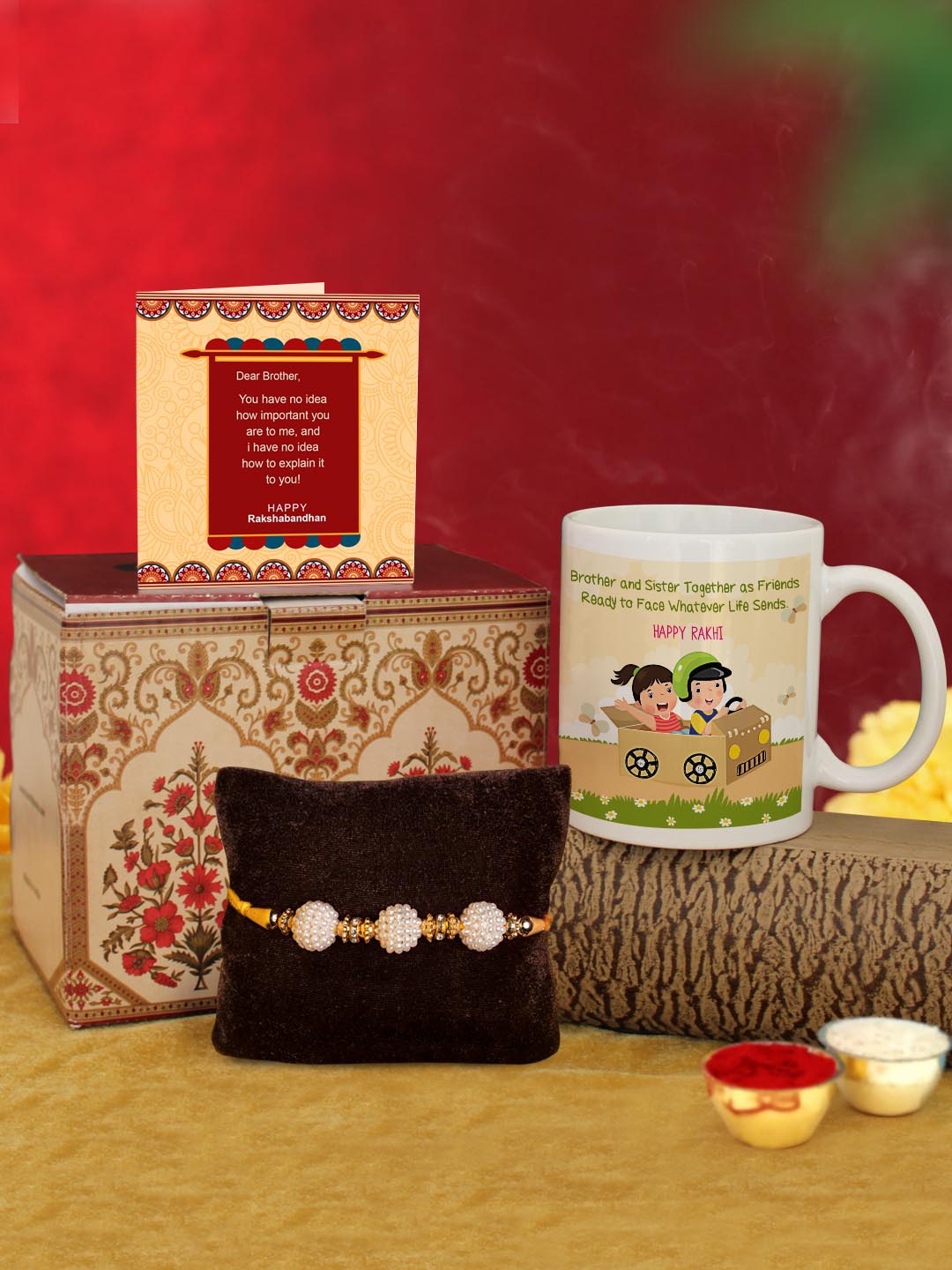 

TIED RIBBONS White & Golden Rakhi with Coffee Mug & Greeting Card Combo Gift Set