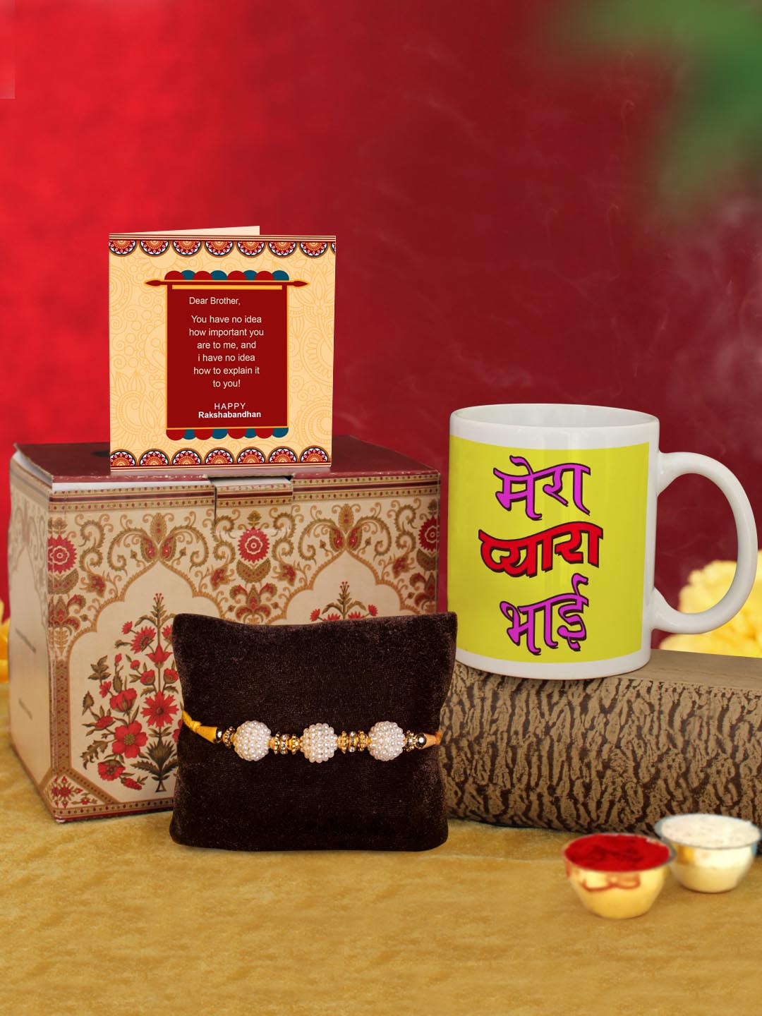 

TIED RIBBONS White & Yellow Rakhi with Coffee Mug & Greeting Card Combo Gift Set
