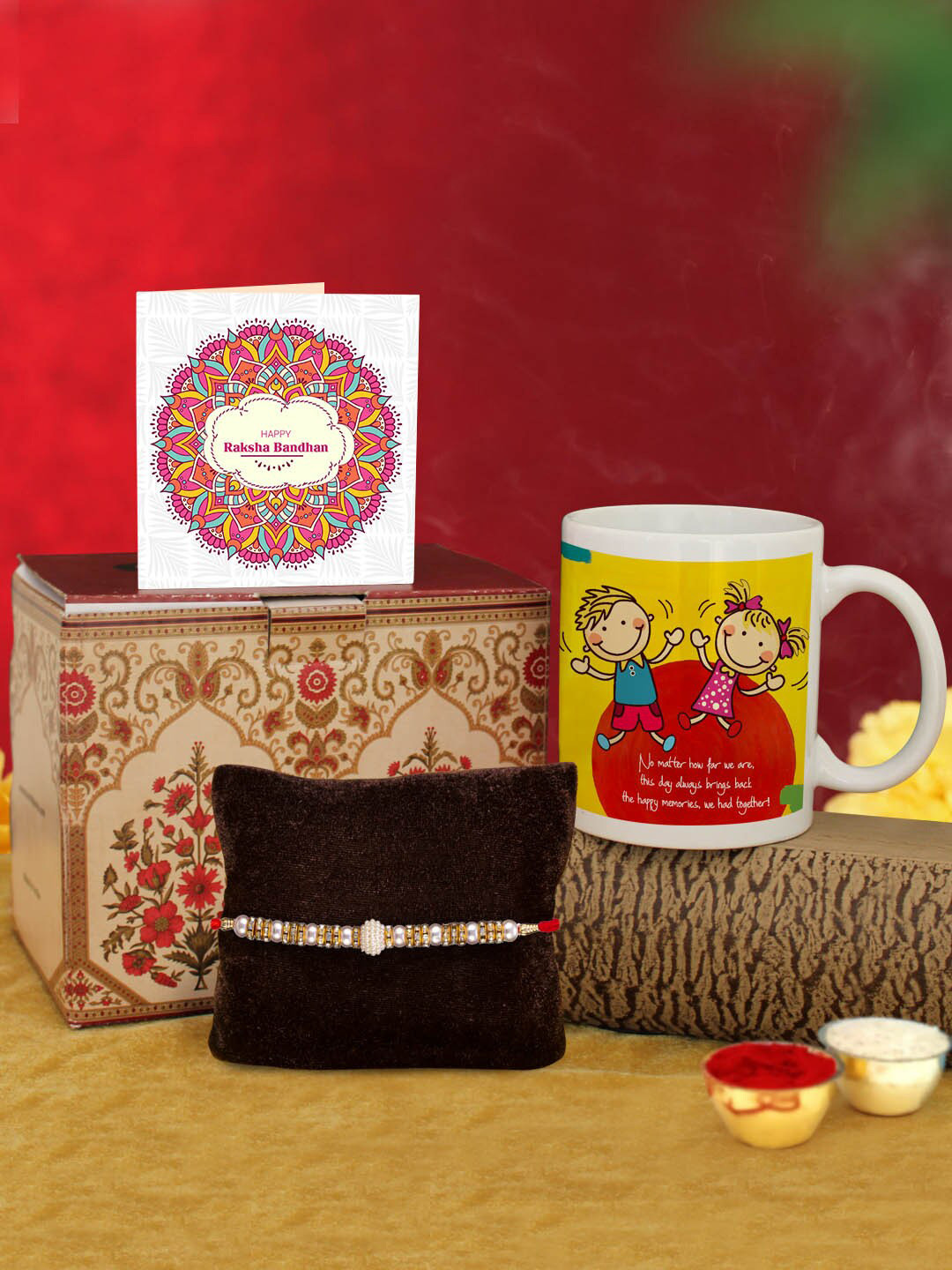 

TIED RIBBONS White & Red Rakhi with Coffee Mug & Greeting Card Combo Gift Set