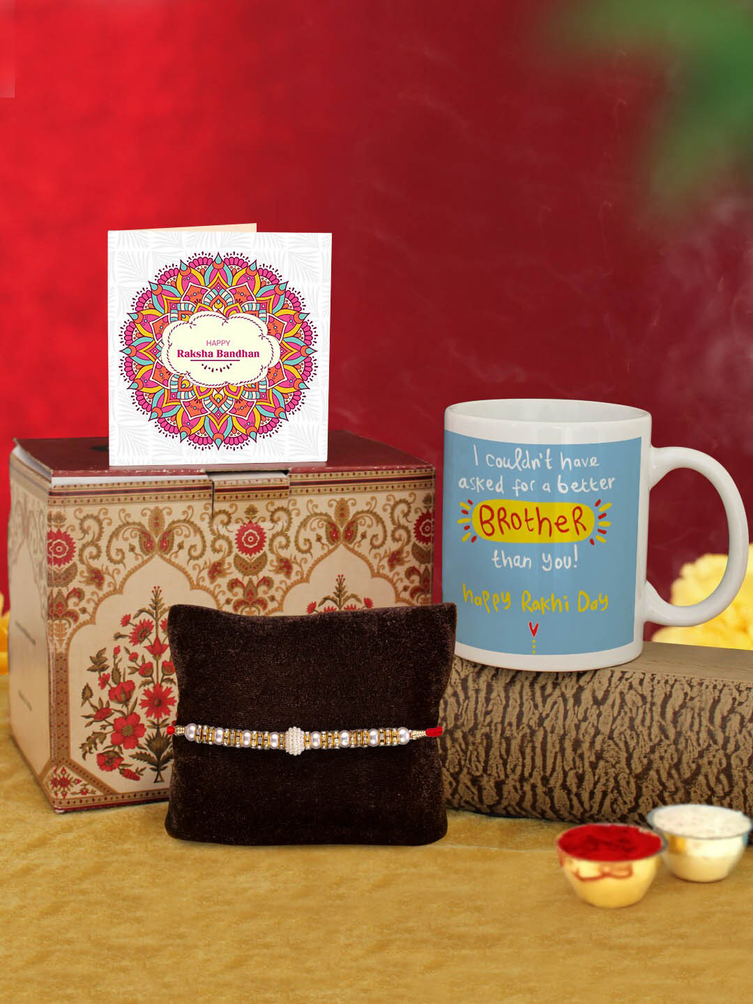 

TIED RIBBONS White & Red Rakhi with Coffee Mug & Greeting Card Combo Gift Set