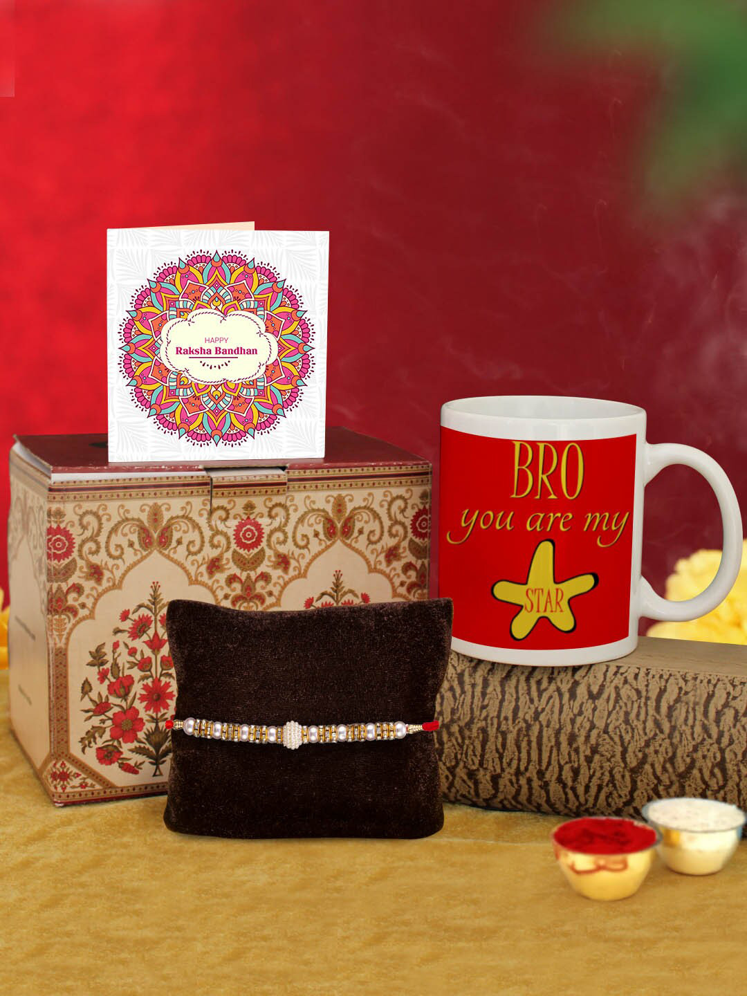 

TIED RIBBONS White & Red Rakhi with Coffee Mug & Greeting Card Combo Gift Set